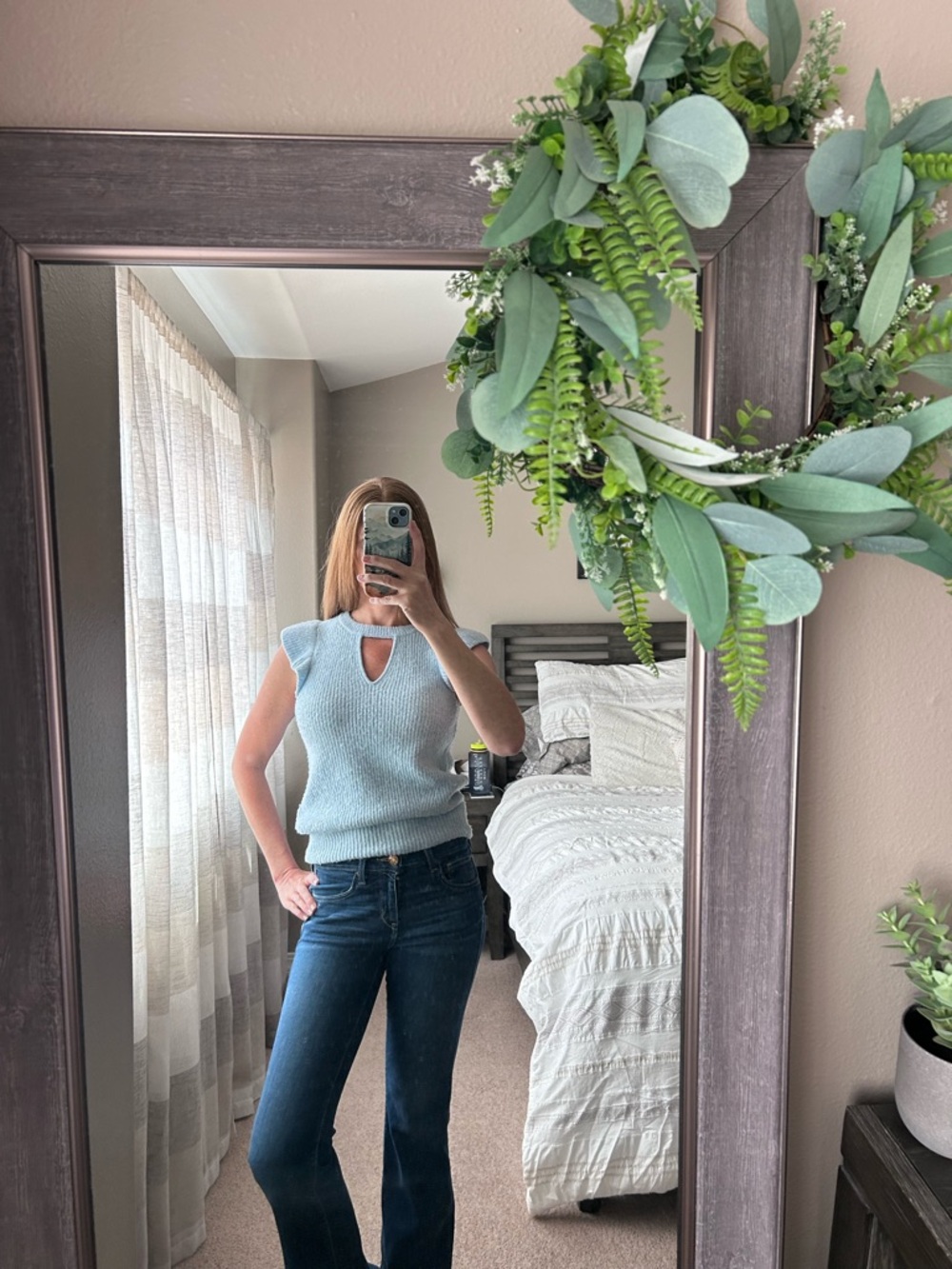 Light Blue Ribbed Knit Flutter Sleeve Tank with Keyhole - Picture 6 of 7